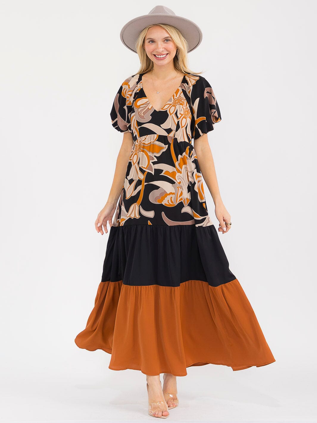 WOMEN'S SHORT PUFF SLEEVES V-NECK ELASTIC WAIST COLORBLOCK MAXI DRESS