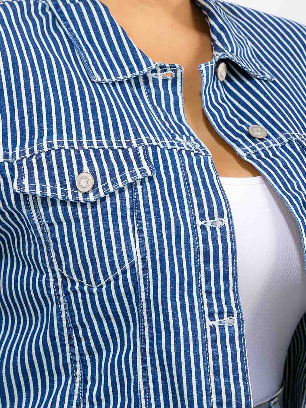 PLUS SIZE LONG SLEEVE BUTTON CLOSURE FRONT POCKETS DENIM STRIPES JACKET