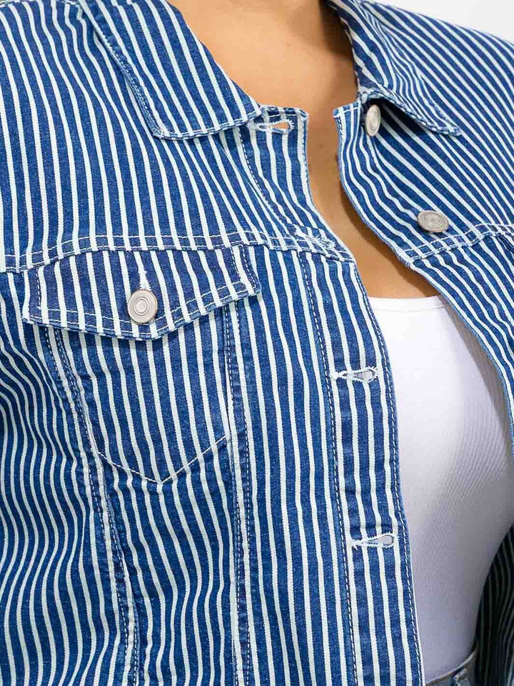 PLUS SIZE LONG SLEEVE BUTTON CLOSURE FRONT POCKETS DENIM STRIPES JACKET