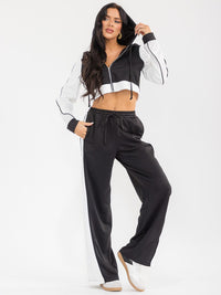 WOMEN'S HOODED CROP SWEATER & ELASTIC WAIST PANTS CONTRAST COLORBLOCK 2PC. SET
