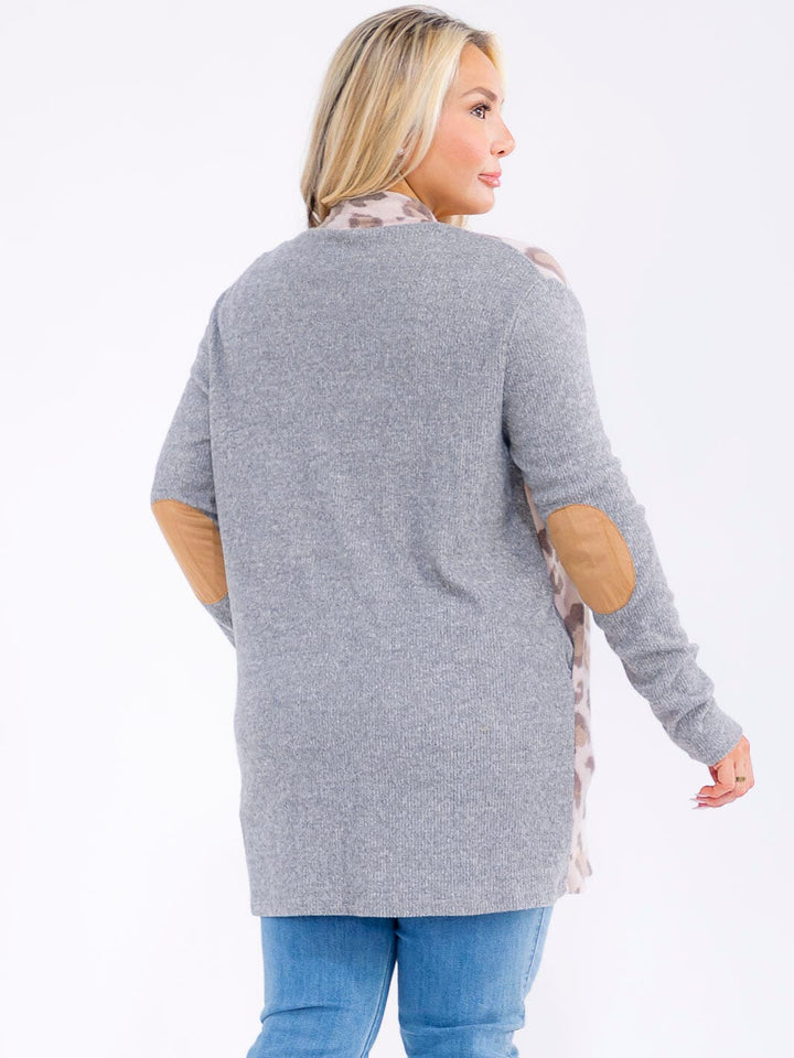 PLUS SIZE LONG SLEEVE POCKETS OPEN FRONT ANIMAL PRINT CARDIGAN