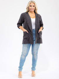 PLUS SIZE LONG SLEEVE SELF TIE FRONT POCKETS HOODED JACKET