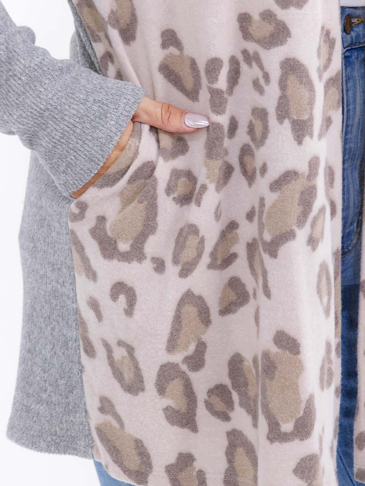 PLUS SIZE LONG SLEEVE POCKETS OPEN FRONT ANIMAL PRINT CARDIGAN