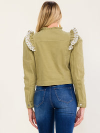 WOMEN'S LONG SLEEVE BUTTON UP RUFFLE EMBROIDERY DETAILED JACKET