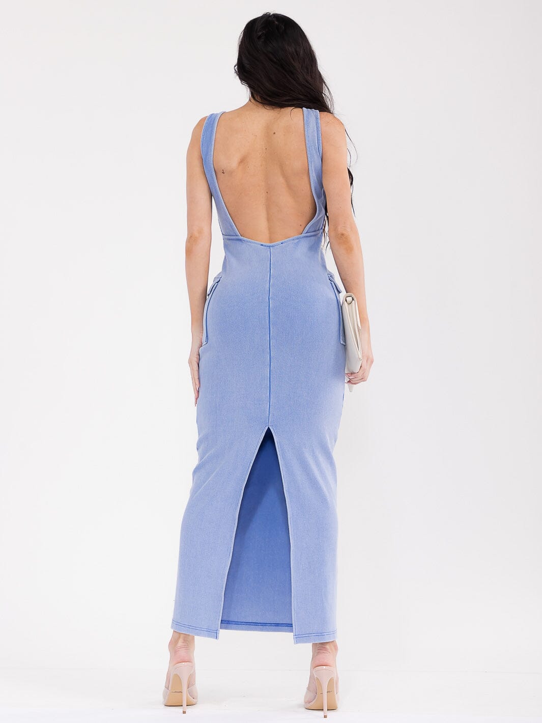 WOMEN'S SLEEVELESS OPEN BACK SLIT CARGO POCKETS BODYCON MAXI DRESS