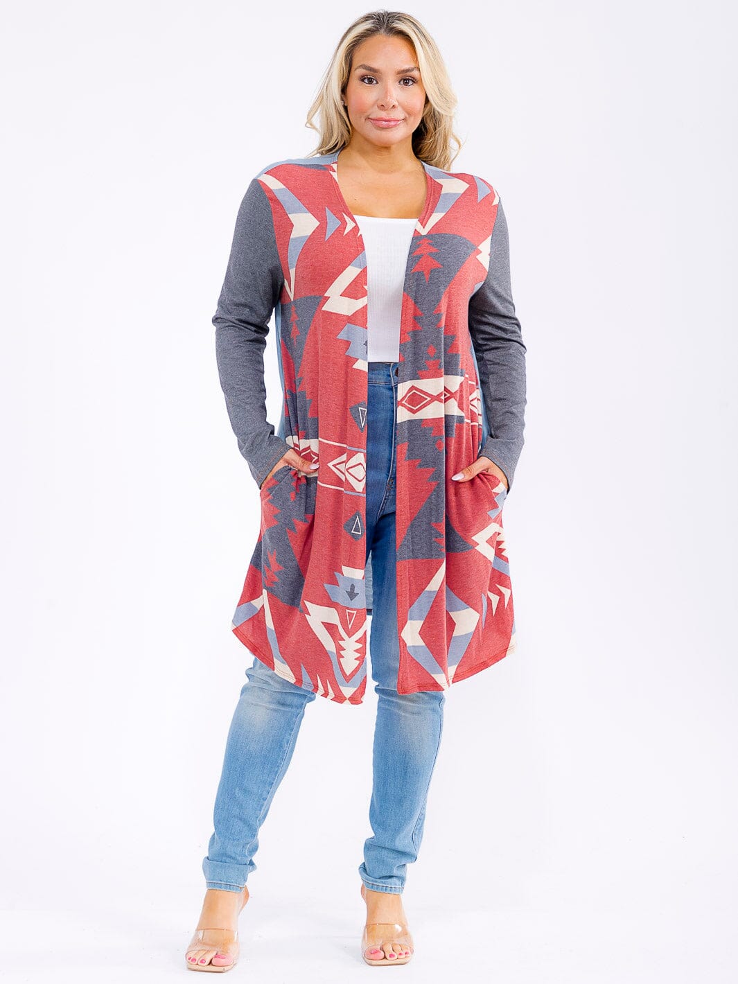 PLUS SIZE LONG SLEEVE OPEN FRONT POCKETS MULTI PRINT CARDIGAN