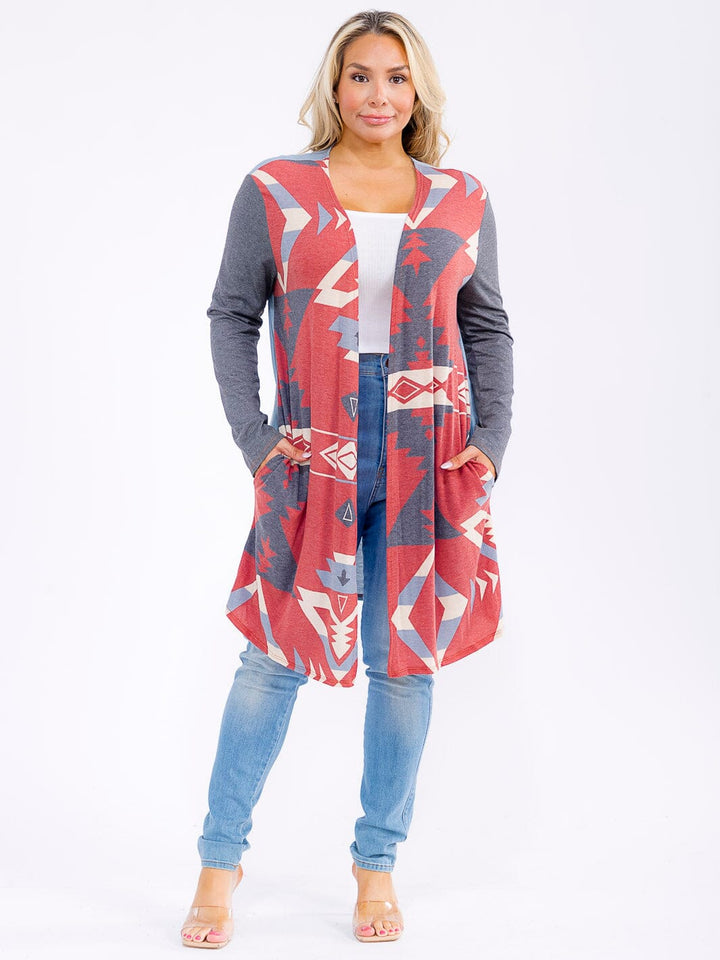 PLUS SIZE LONG SLEEVE OPEN FRONT POCKETS MULTI PRINT CARDIGAN