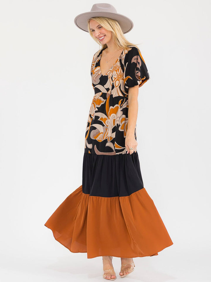 WOMEN'S SHORT PUFF SLEEVES V-NECK ELASTIC WAIST COLORBLOCK MAXI DRESS