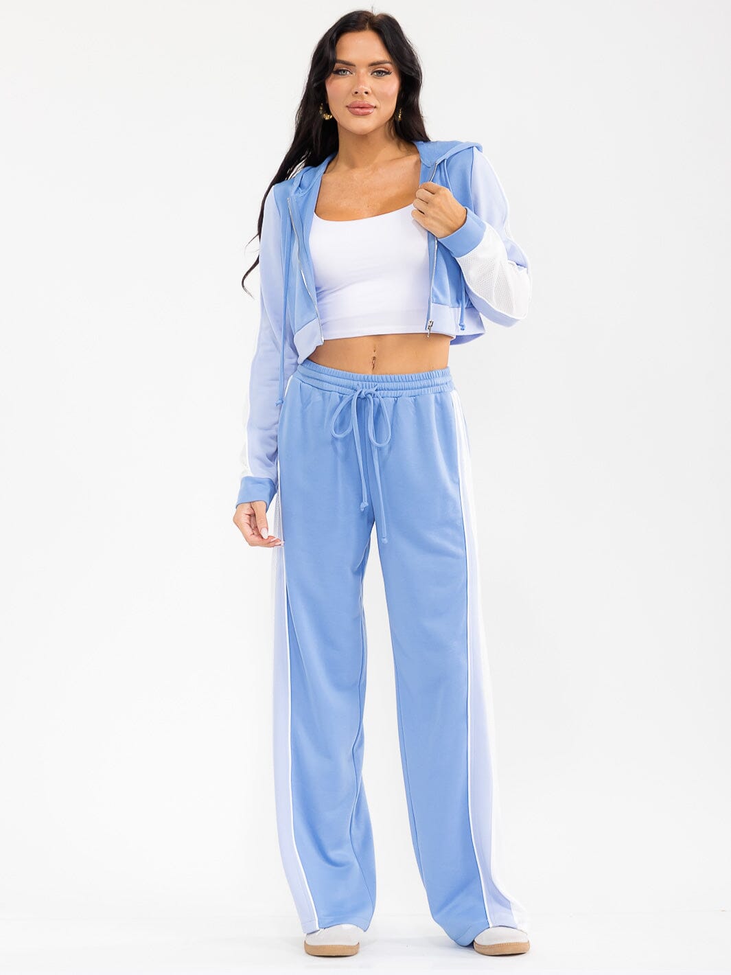 WOMEN'S HOODED CROP SWEATER & ELASTIC WAIST PANTS CONTRAST COLORBLOCK 2PC. SET