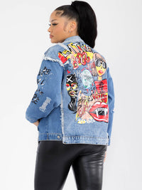 WOMEN'S LONG SLEEVE BUTTON CLOSURE FRONT POCKETS GRAPHIC DENIM JACKET