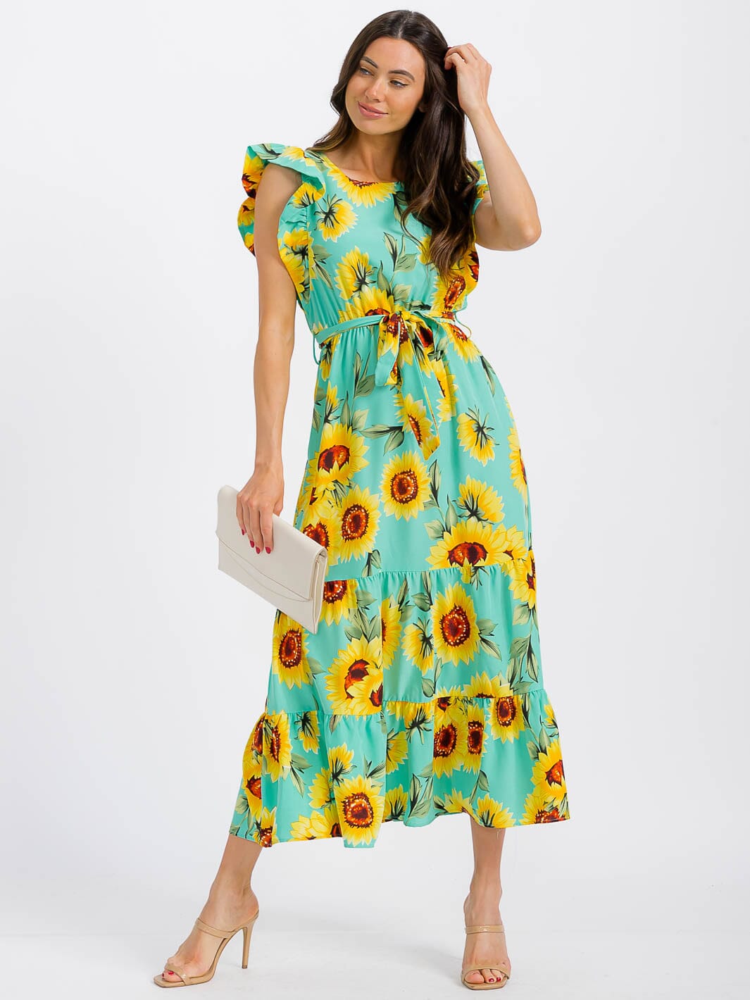 WOMEN'S SHORT RUFFLE SLEEVE ELASTIC WAIST FRONT POCKETS FLORAL MAXI DRESS