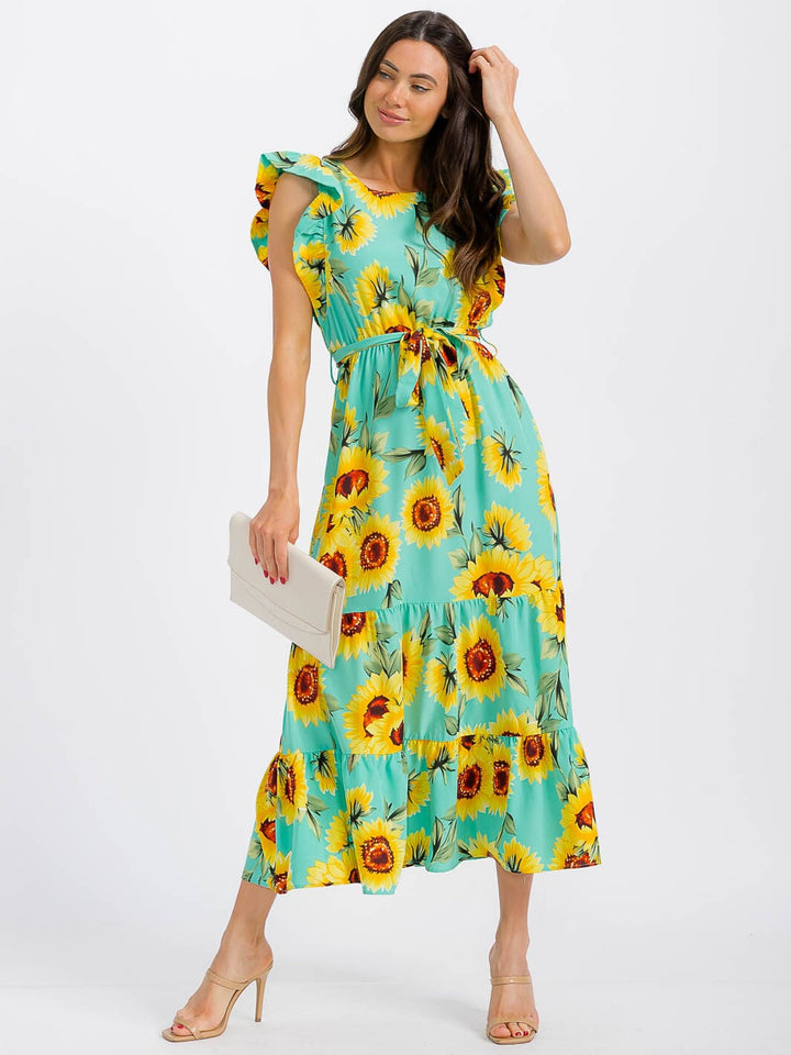 WOMEN'S SHORT RUFFLE SLEEVE ELASTIC WAIST FRONT POCKETS FLORAL MAXI DRESS