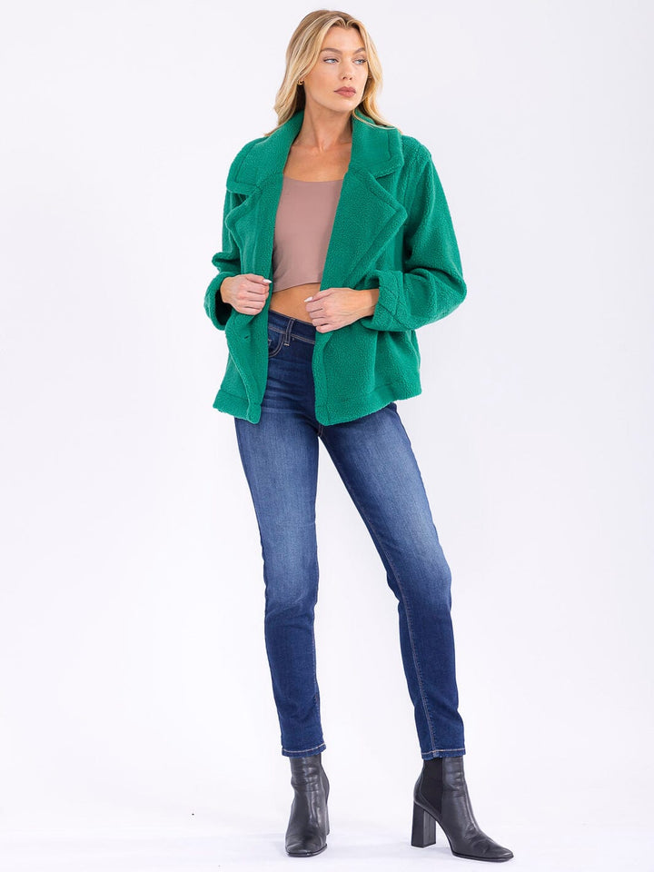 WOMEN'S LONG SLEEVE BUTTON CLOSURE FRONT POCKETS SHERPA JACKET