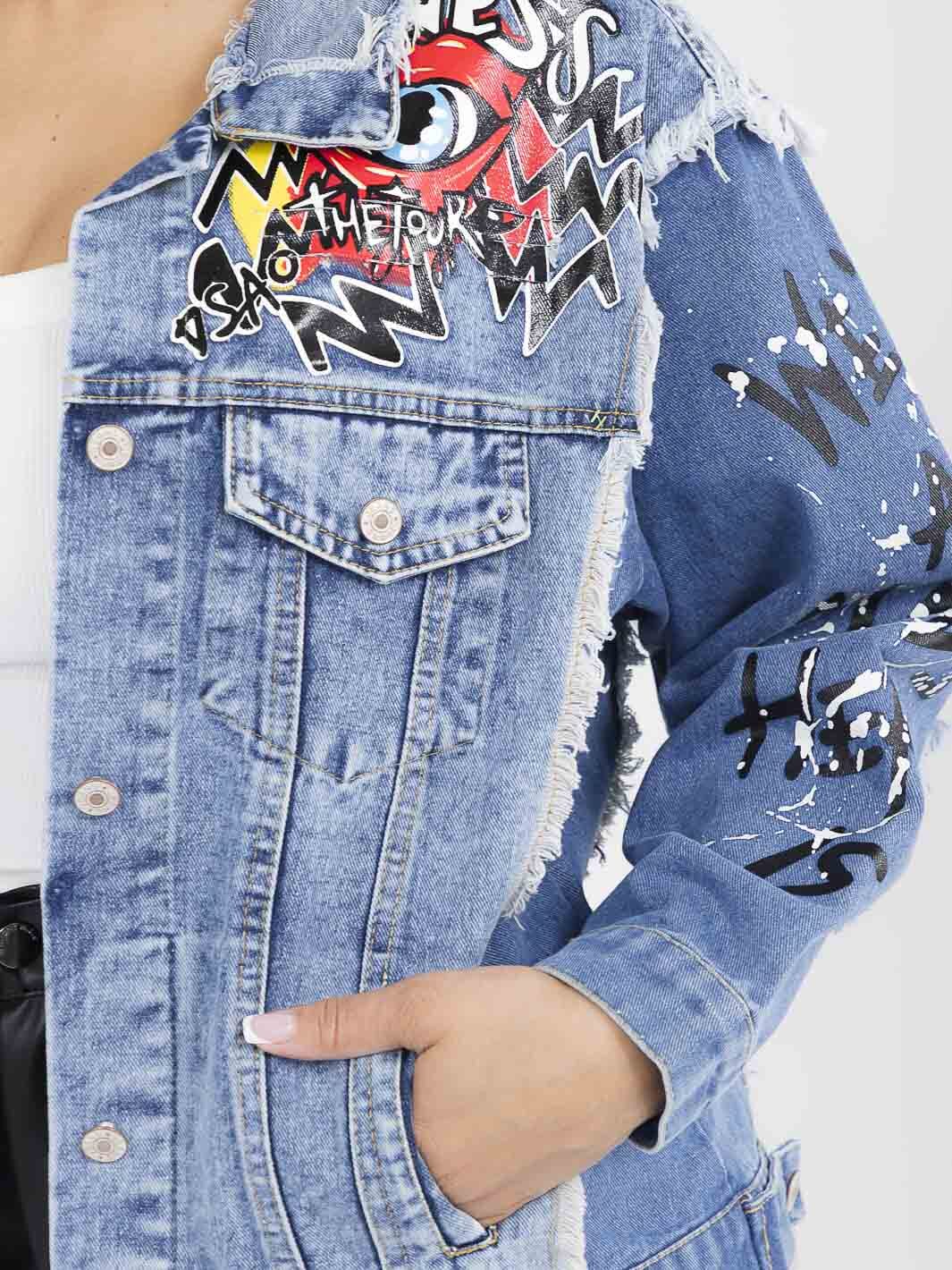 WOMEN'S LONG SLEEVE BUTTON CLOSURE FRONT POCKETS GRAPHIC DENIM JACKET