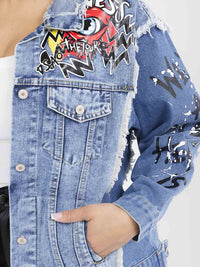 WOMEN'S LONG SLEEVE BUTTON CLOSURE FRONT POCKETS GRAPHIC DENIM JACKET