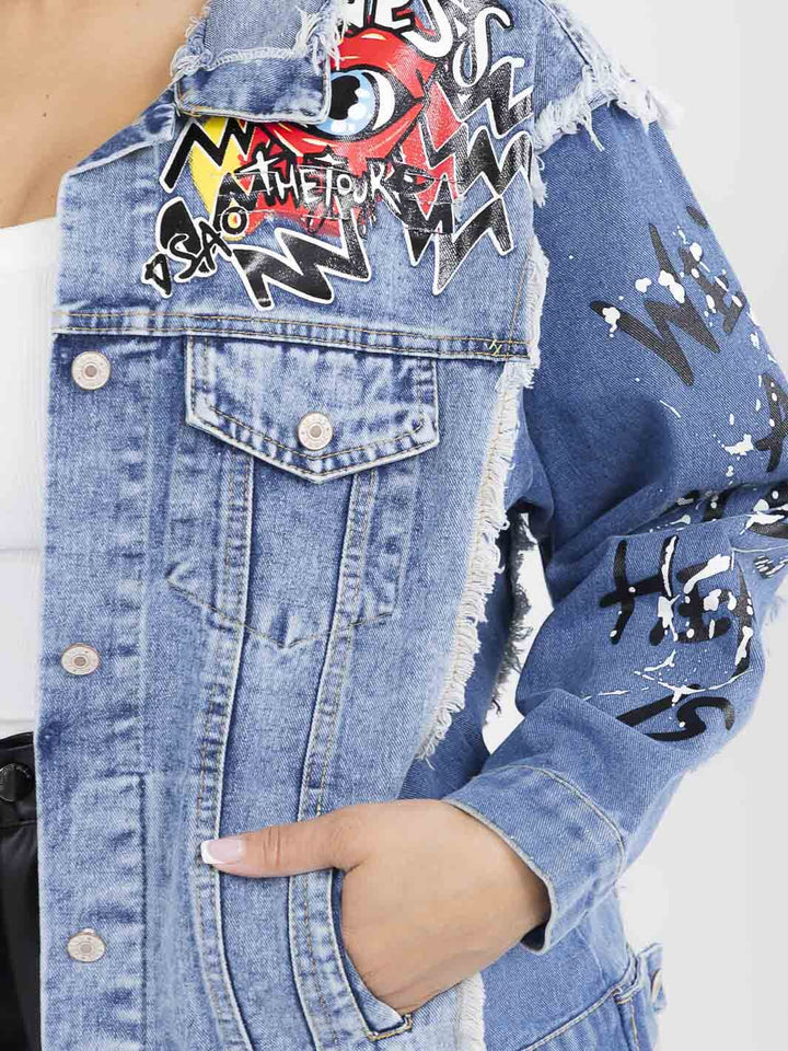 WOMEN'S LONG SLEEVE BUTTON CLOSURE FRONT POCKETS GRAPHIC DENIM JACKET
