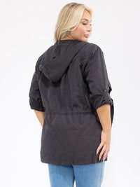 PLUS SIZE LONG SLEEVE SELF TIE FRONT POCKETS HOODED JACKET