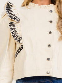 WOMEN'S LONG SLEEVE BUTTON UP RUFFLE EMBROIDERY DETAILED JACKET