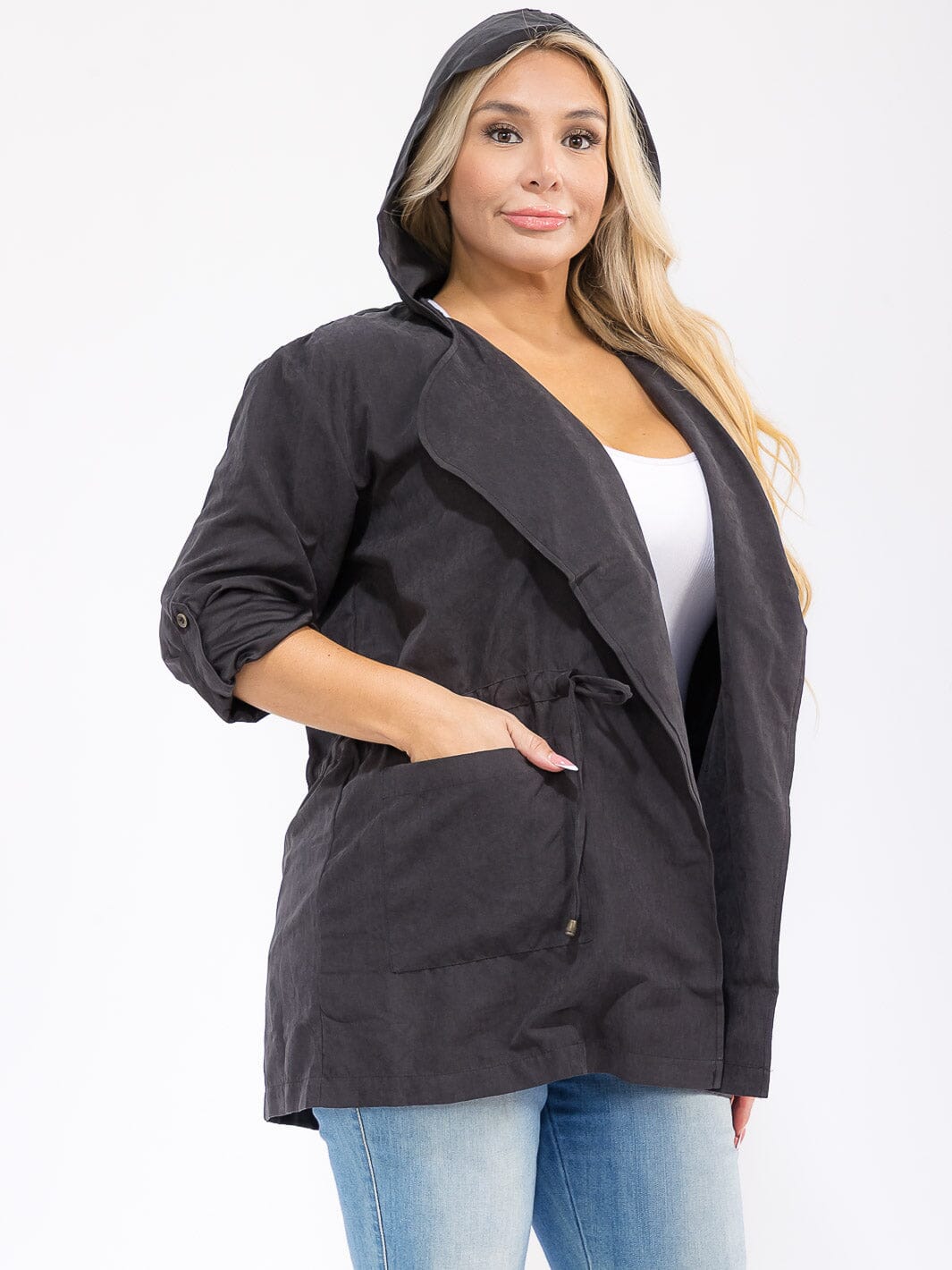 PLUS SIZE LONG SLEEVE SELF TIE FRONT POCKETS HOODED JACKET