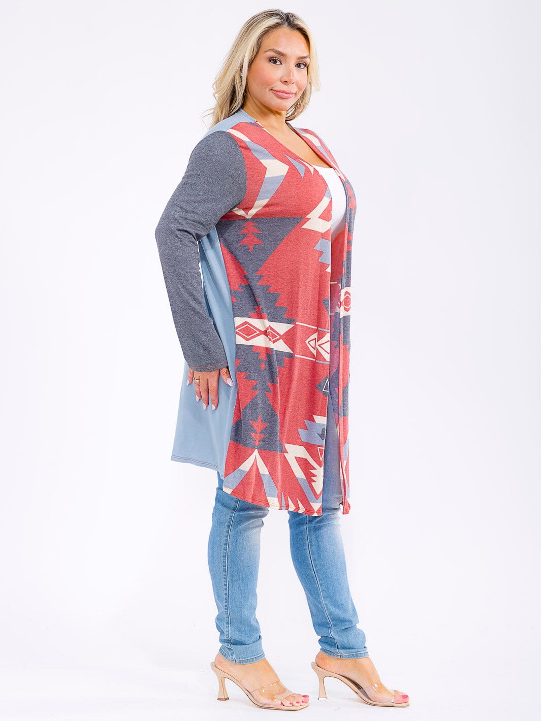 PLUS SIZE LONG SLEEVE OPEN FRONT POCKETS MULTI PRINT CARDIGAN