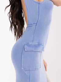 WOMEN'S SLEEVELESS OPEN BACK SLIT CARGO POCKETS BODYCON MAXI DRESS