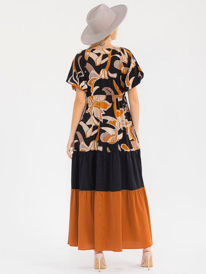 WOMEN'S SHORT PUFF SLEEVES V-NECK ELASTIC WAIST COLORBLOCK MAXI DRESS