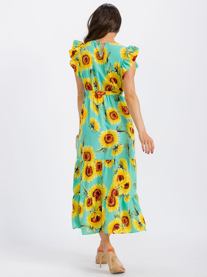 WOMEN'S SHORT RUFFLE SLEEVE ELASTIC WAIST FRONT POCKETS FLORAL MAXI DRESS