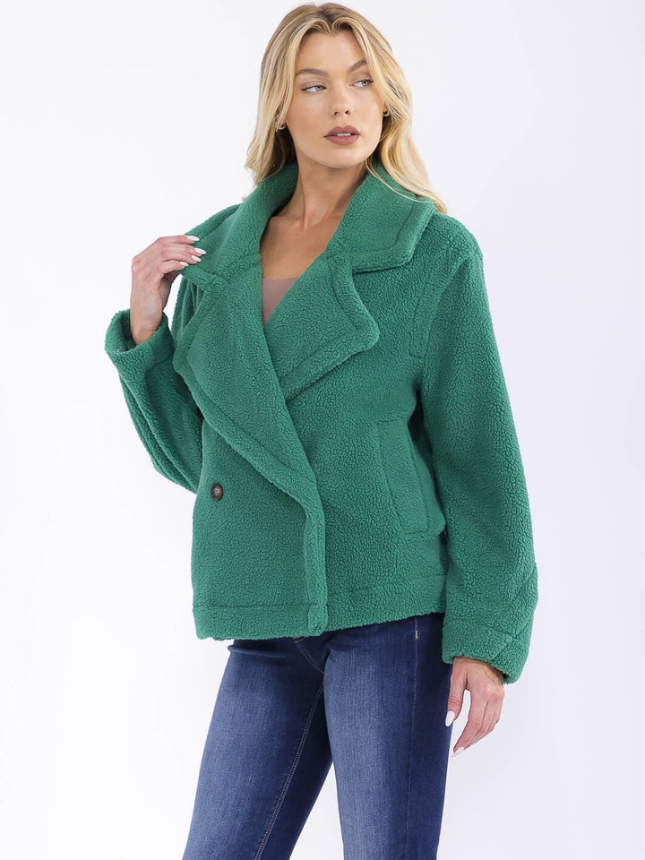 WOMEN'S LONG SLEEVE BUTTON CLOSURE FRONT POCKETS SHERPA JACKET