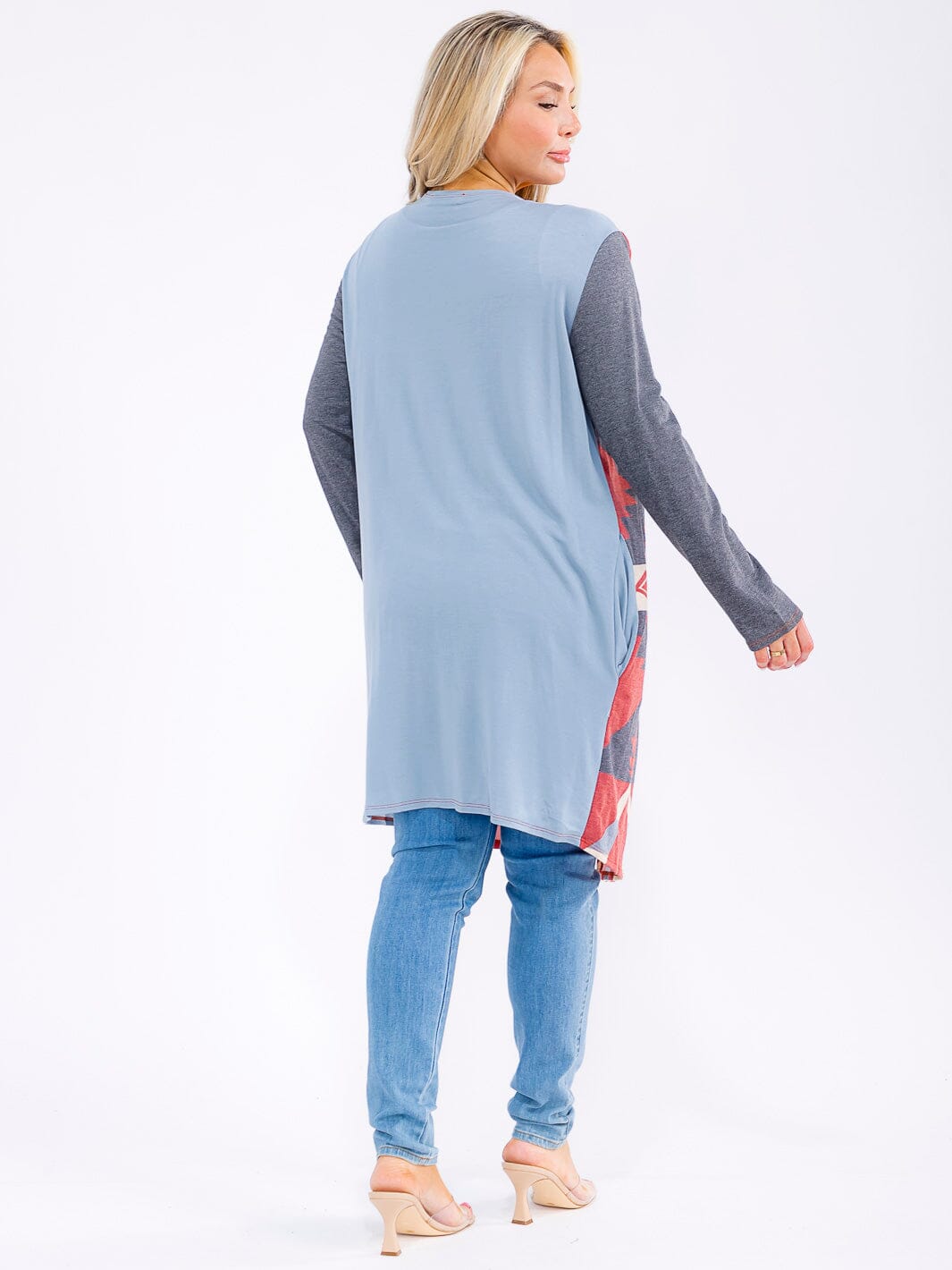 PLUS SIZE LONG SLEEVE OPEN FRONT POCKETS MULTI PRINT CARDIGAN