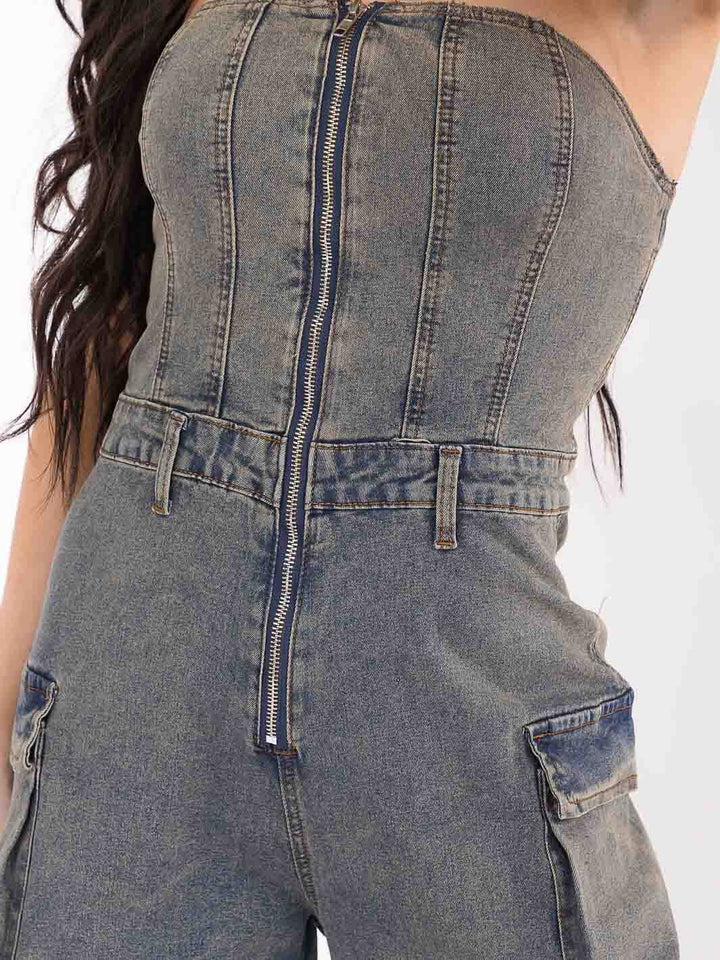 WOMEN'S SLEEVELESS ZIP UP CARGO POCKETS WIDE LEG STRETCH DENIM JUMPSUIT