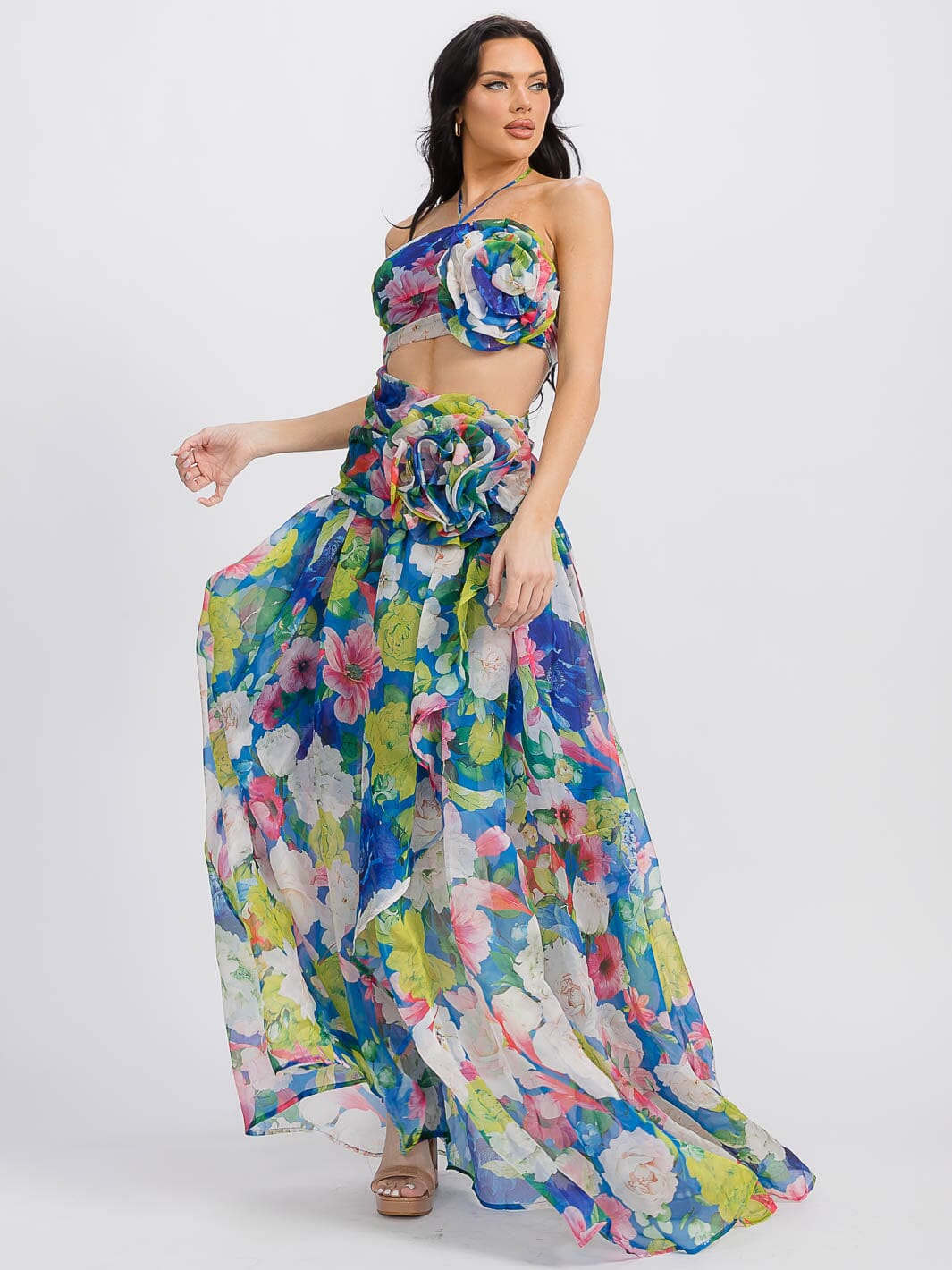 WOMEN'S SLEEVELESS HALTER NECK CUT OUT FLORAL MAXI DRESS