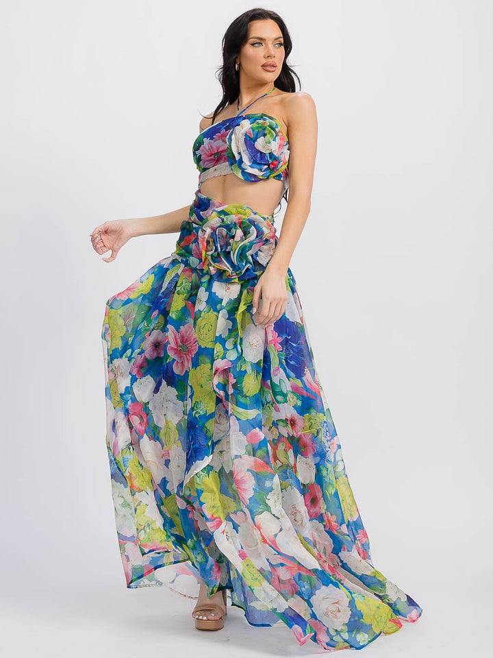 WOMEN'S SLEEVELESS HALTER NECK CUT OUT FLORAL MAXI DRESS