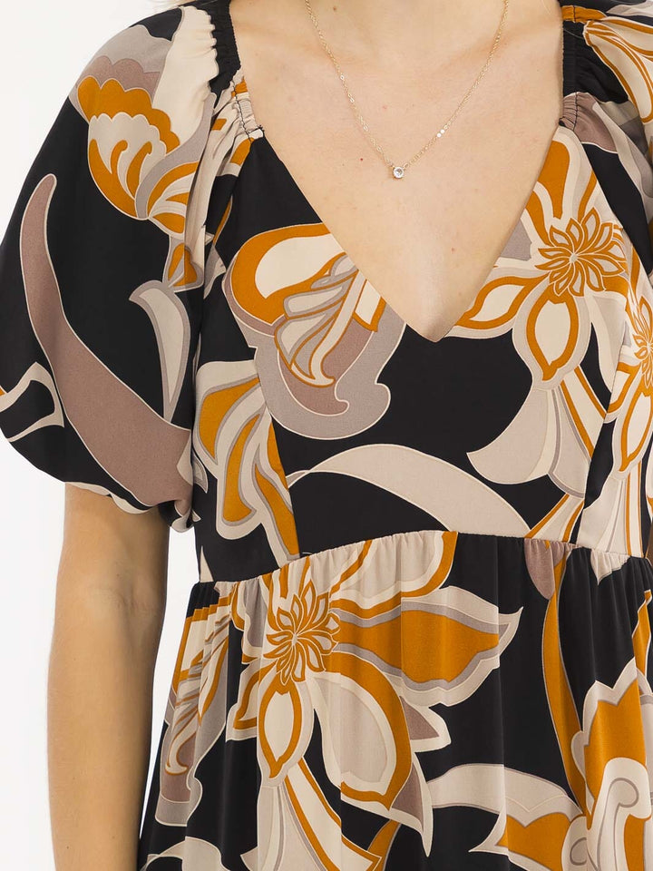 WOMEN'S SHORT PUFF SLEEVES V-NECK ELASTIC WAIST COLORBLOCK MAXI DRESS