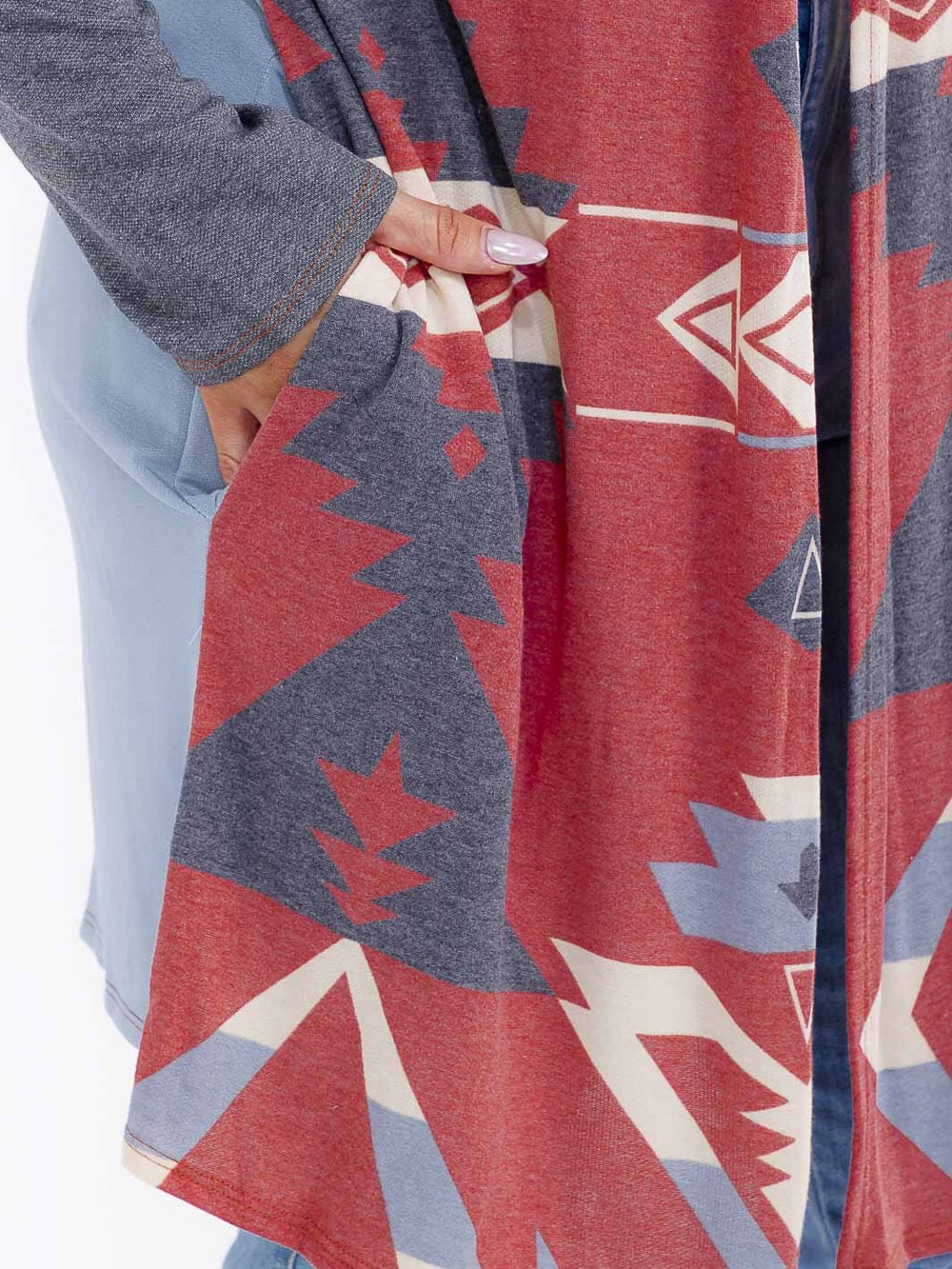 PLUS SIZE LONG SLEEVE OPEN FRONT POCKETS MULTI PRINT CARDIGAN