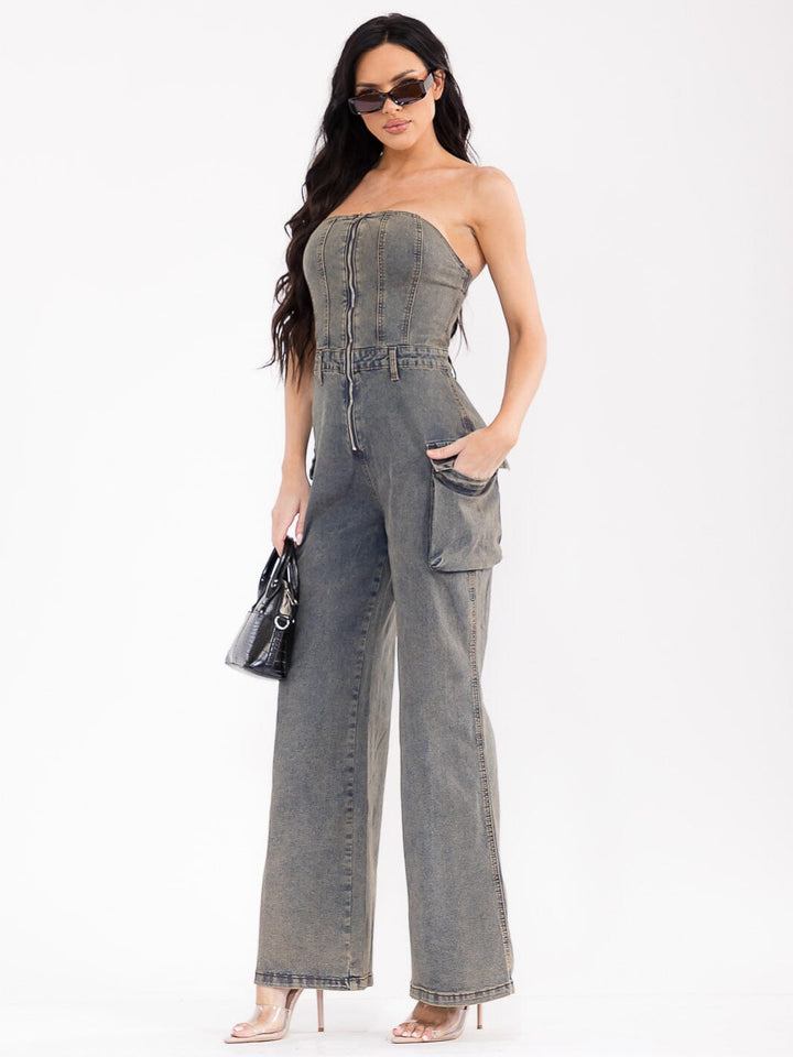 WOMEN'S SLEEVELESS ZIP UP CARGO POCKETS WIDE LEG STRETCH DENIM JUMPSUIT