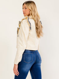WOMEN'S LONG SLEEVE BUTTON UP RUFFLE EMBROIDERY DETAILED JACKET