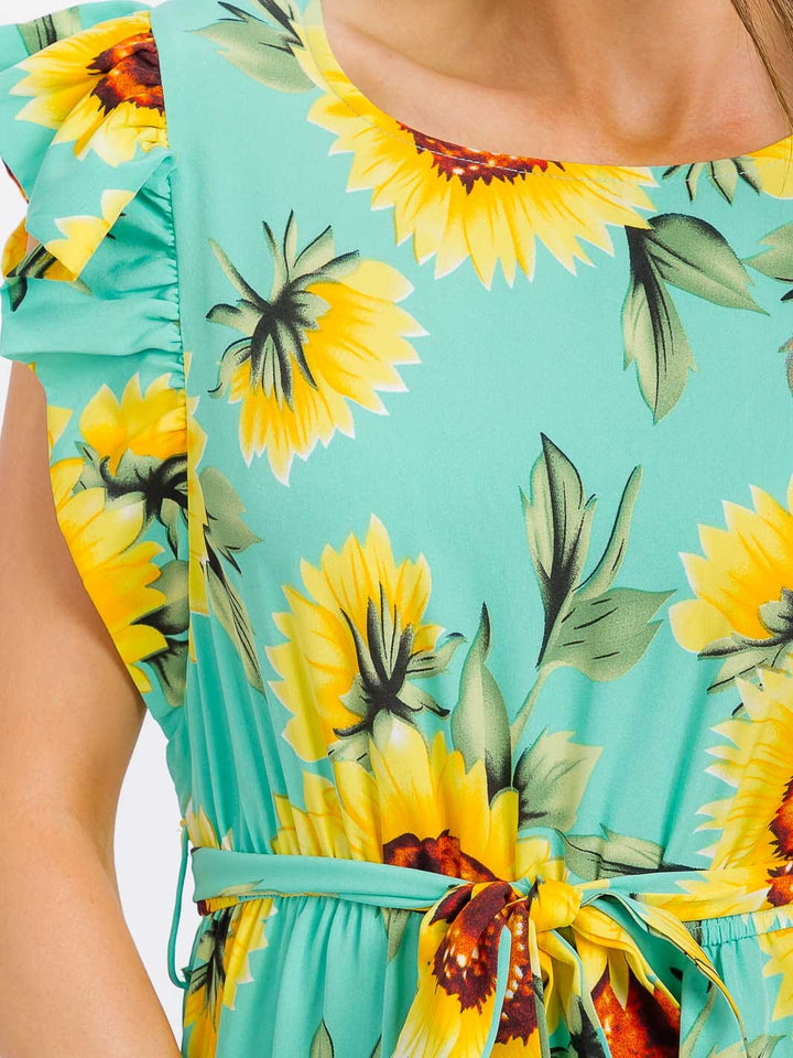 WOMEN'S SHORT RUFFLE SLEEVE ELASTIC WAIST FRONT POCKETS FLORAL MAXI DRESS