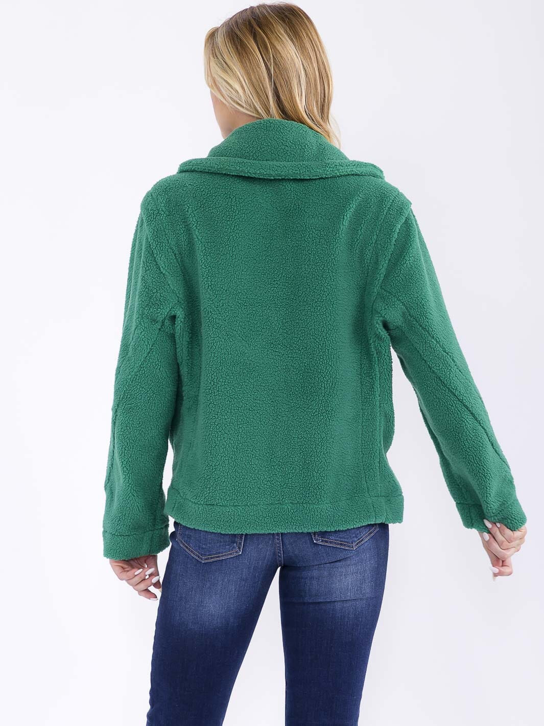 WOMEN'S LONG SLEEVE BUTTON CLOSURE FRONT POCKETS SHERPA JACKET