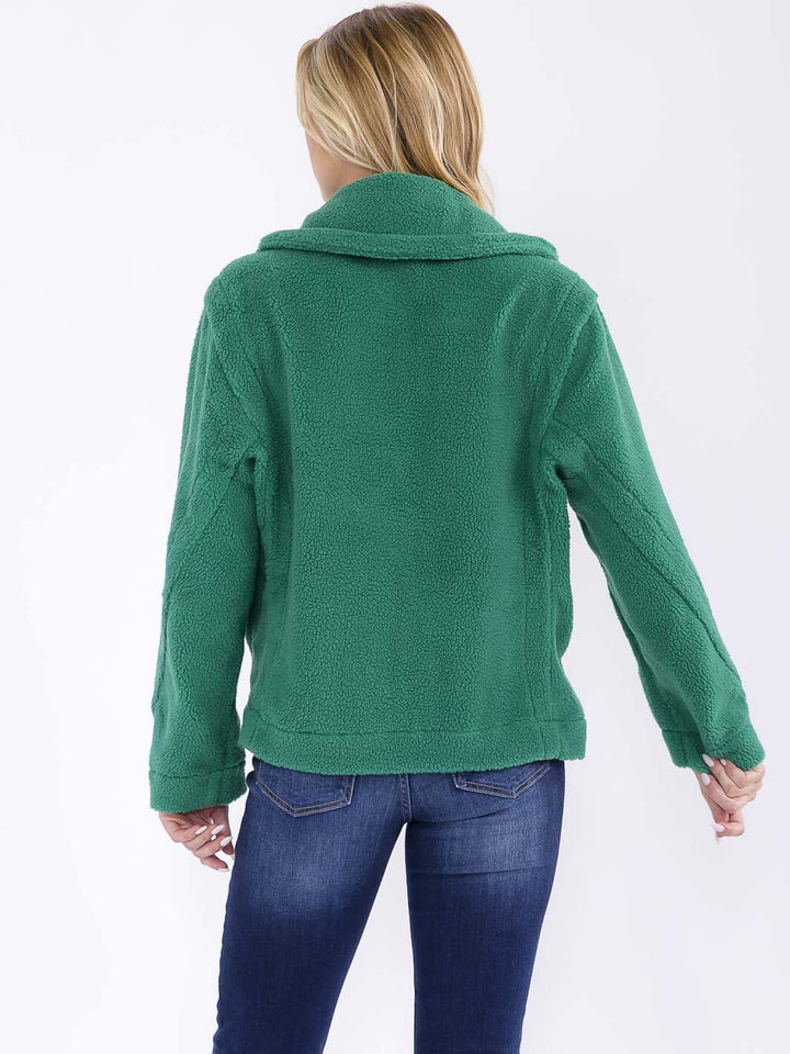 WOMEN'S LONG SLEEVE BUTTON CLOSURE FRONT POCKETS SHERPA JACKET