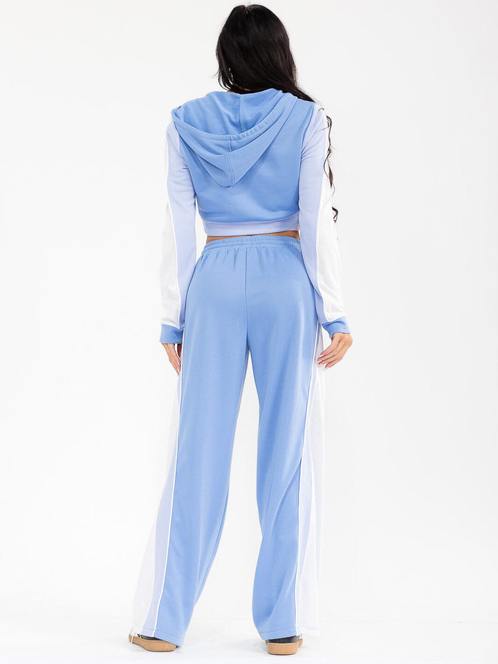 WOMEN'S HOODED CROP SWEATER & ELASTIC WAIST PANTS CONTRAST COLORBLOCK 2PC. SET