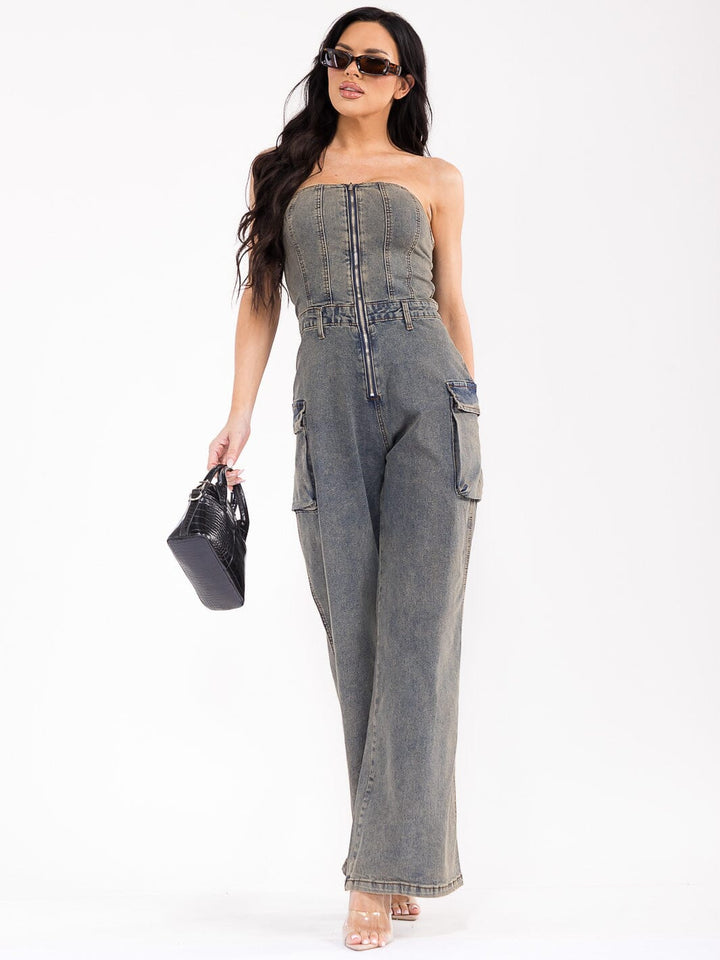 WOMEN'S SLEEVELESS ZIP UP CARGO POCKETS WIDE LEG STRETCH DENIM JUMPSUIT