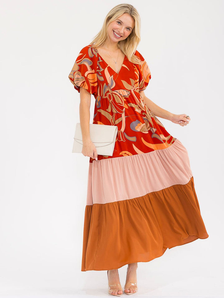 WOMEN'S SHORT PUFF SLEEVES V-NECK ELASTIC WAIST COLORBLOCK MAXI DRESS