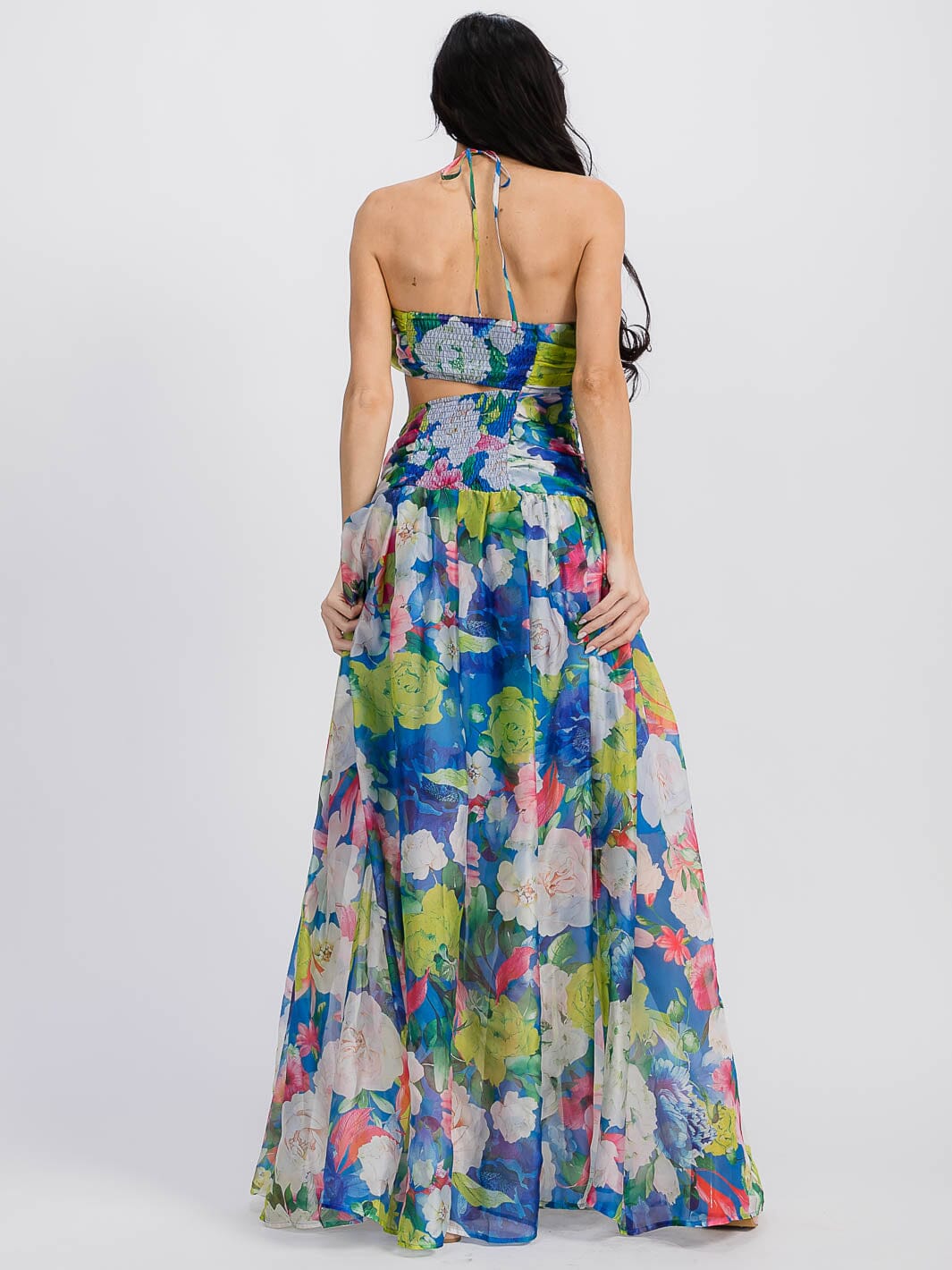 WOMEN'S SLEEVELESS HALTER NECK CUT OUT FLORAL MAXI DRESS