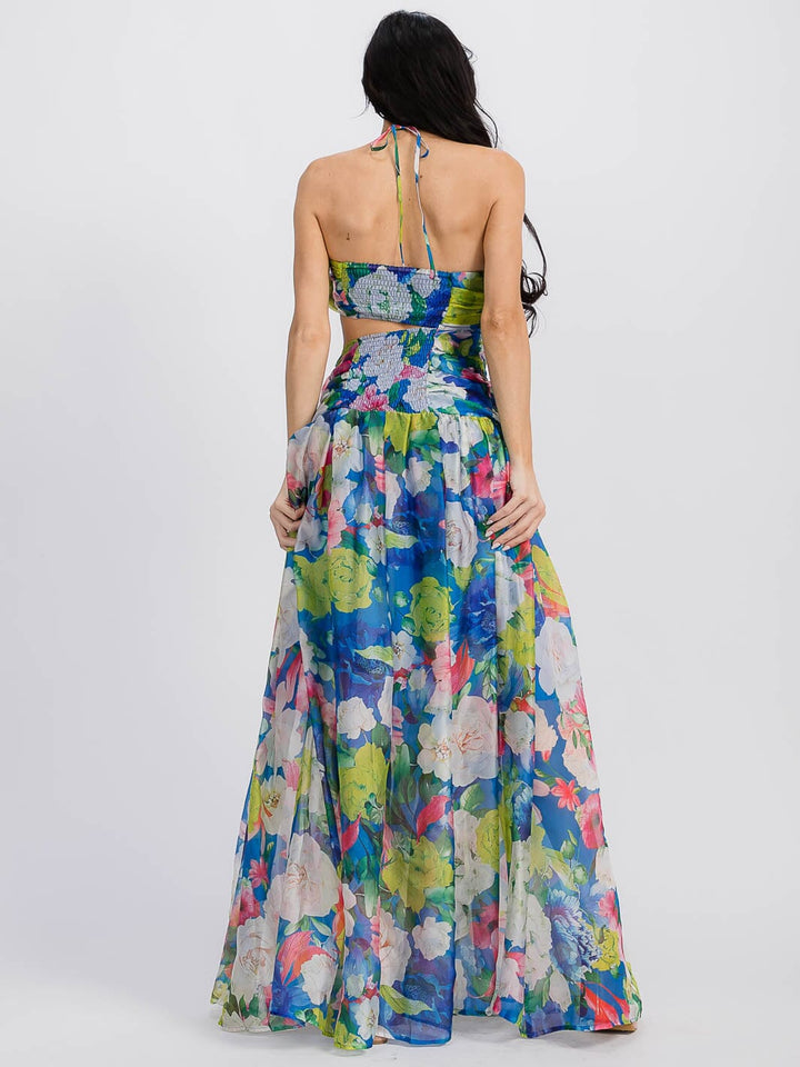 WOMEN'S SLEEVELESS HALTER NECK CUT OUT FLORAL MAXI DRESS