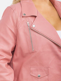 PLUS SIZE LONG SLEEVE ZIPPER CLOSURE FRONT POCKETS PU PLEATHER JACKET