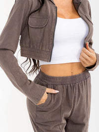 WOMEN'S HOODED CROP SWEATER & ELASTIC WAIST PANTS WASHED 2PC. SET