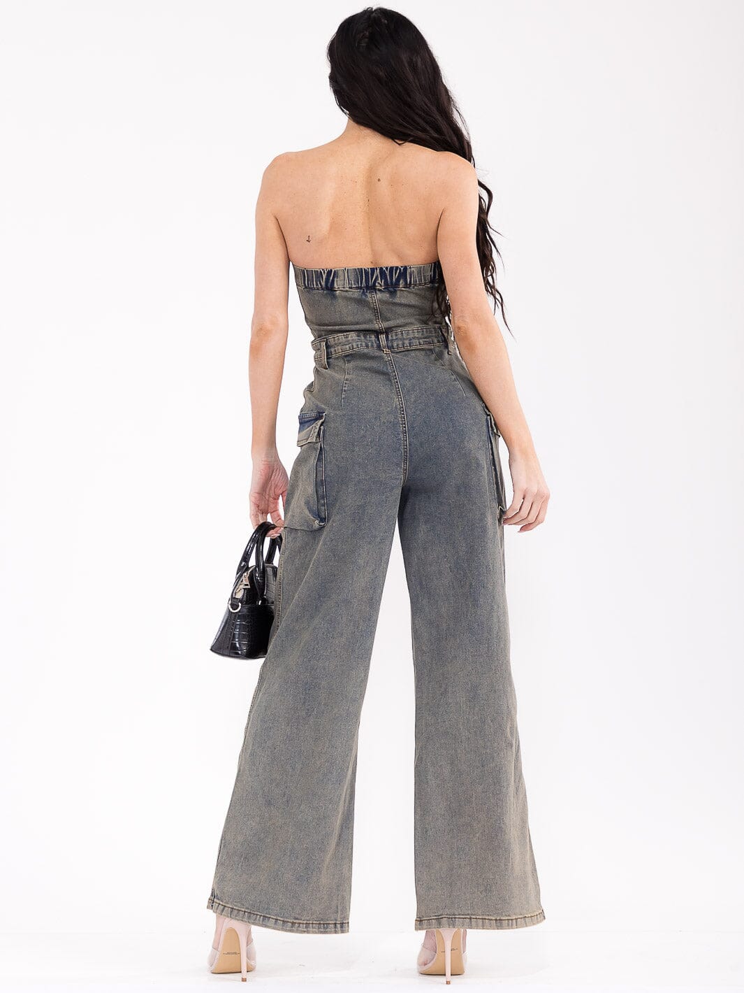 WOMEN'S SLEEVELESS ZIP UP CARGO POCKETS WIDE LEG STRETCH DENIM JUMPSUIT