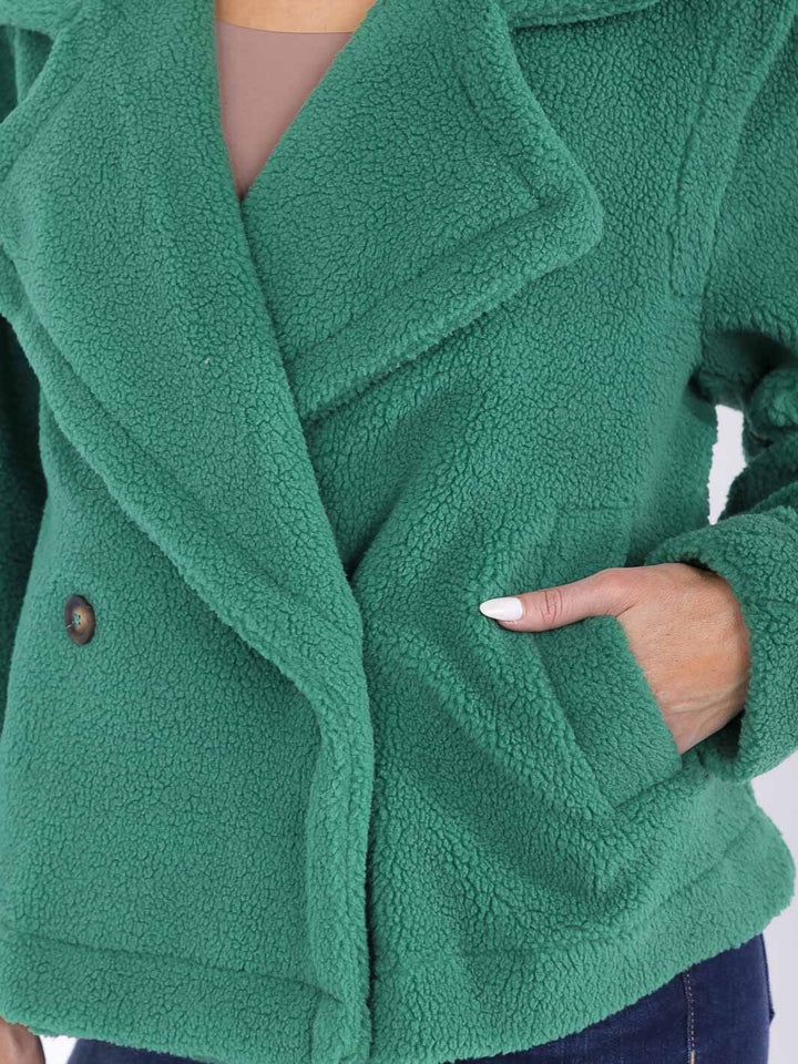 WOMEN'S LONG SLEEVE BUTTON CLOSURE FRONT POCKETS SHERPA JACKET