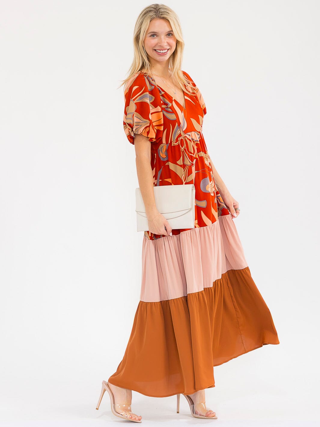 WOMEN'S SHORT PUFF SLEEVES V-NECK ELASTIC WAIST COLORBLOCK MAXI DRESS