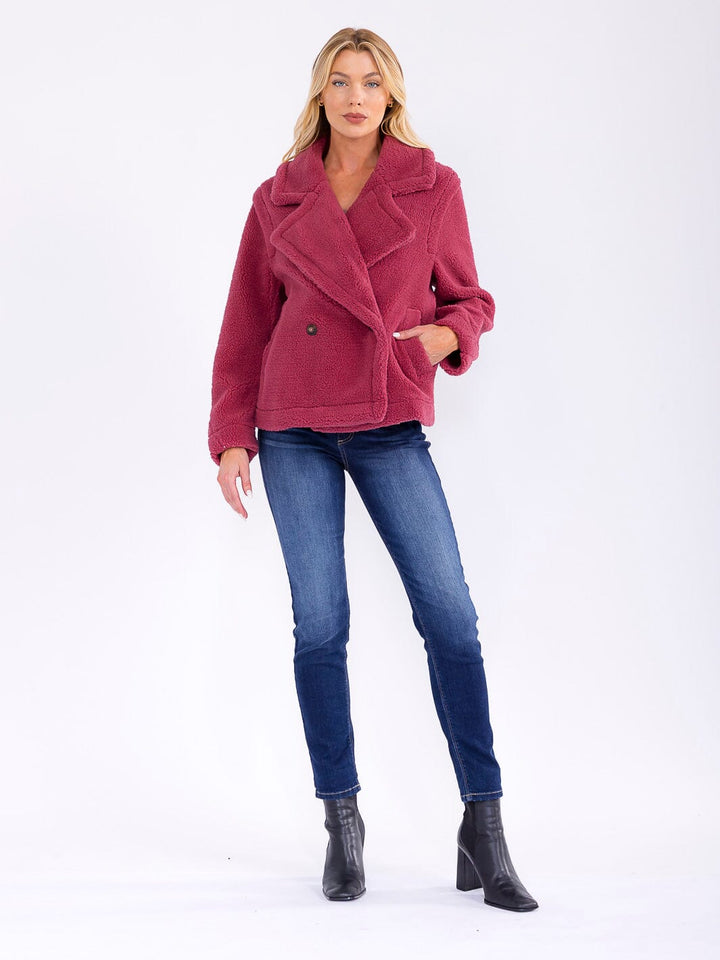 WOMEN'S LONG SLEEVE BUTTON CLOSURE FRONT POCKETS SHERPA JACKET